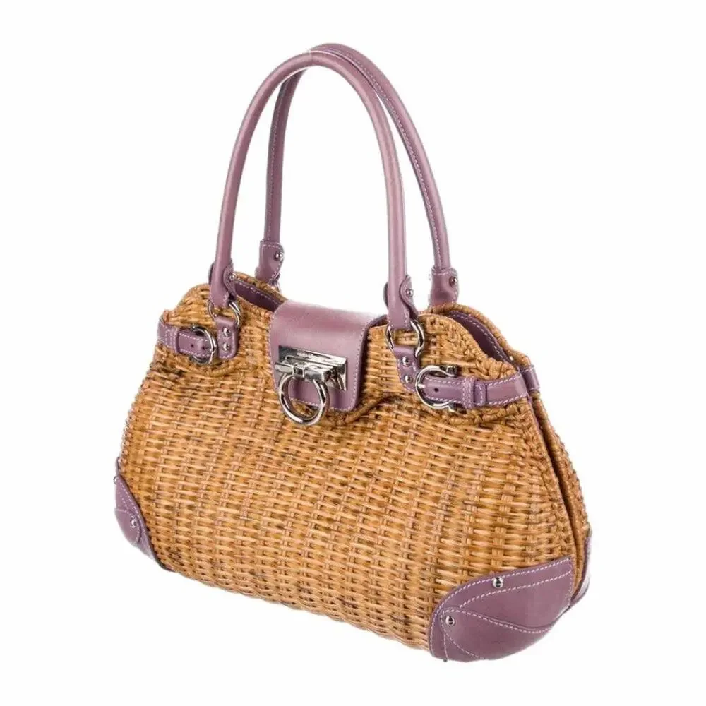 Salvatore Ferragamo Vintage Wicker & Purple Leather Gancini Top Handle Bag RARE - Picture 4 of 15